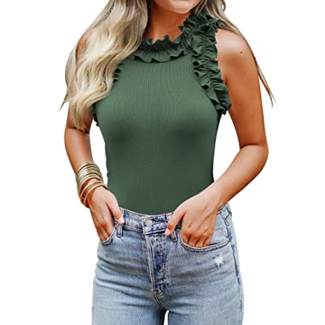 WAYMAKER Bodysuit for Women Sleeveless Ruffle Mock Turtleneck Racer Back Ribbed Knit Tank Top Body S...
