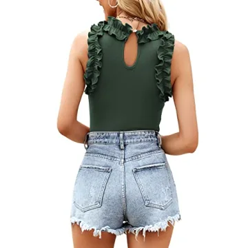 WAYMAKER Bodysuit for Women Sleeveless Ruffle Mock Turtleneck Racer Back Ribbed Knit Tank Top Body Suits Grey Green X-Large