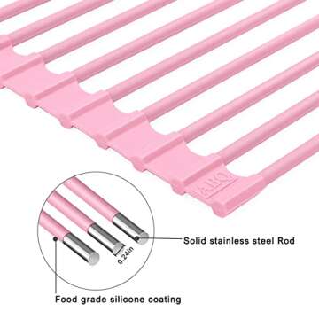 ABQ Over Sink Dish Drying Rack, Multipurpose Roll Up Dish Drying Rack, Foldable Food-Grade Silicone Coated Rolling Sink Rack Mat Stainless Steel Dish Drainer for Kitchen (17.5''x13'') Pink