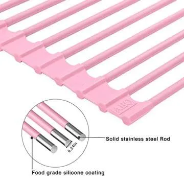 ABQ Over Sink Dish Drying Rack, Multipurpose Roll Up Dish Drying Rack, Foldable Food-Grade Silicone Coated Rolling Sink Rack Mat Stainless Steel Dish Drainer for Kitchen (17.5''x13'') Pink