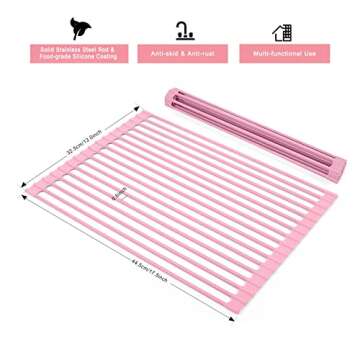 ABQ Over Sink Dish Drying Rack, Multipurpose Roll Up Dish Drying Rack, Foldable Food-Grade Silicone Coated Rolling Sink Rack Mat Stainless Steel Dish Drainer for Kitchen (17.5''x13'') Pink