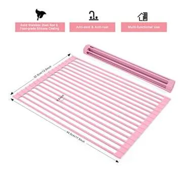 ABQ Over Sink Dish Drying Rack, Multipurpose Roll Up Dish Drying Rack, Foldable Food-Grade Silicone Coated Rolling Sink Rack Mat Stainless Steel Dish Drainer for Kitchen (17.5''x13'') Pink