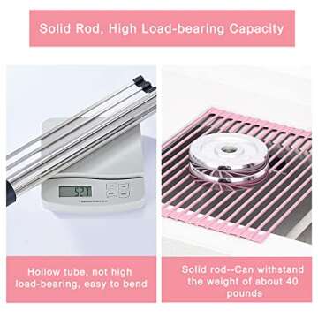 ABQ Over Sink Dish Drying Rack, Multipurpose Roll Up Dish Drying Rack, Foldable Food-Grade Silicone Coated Rolling Sink Rack Mat Stainless Steel Dish Drainer for Kitchen (17.5''x13'') Pink