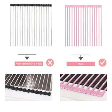 ABQ Over Sink Dish Drying Rack, Multipurpose Roll Up Dish Drying Rack, Foldable Food-Grade Silicone Coated Rolling Sink Rack Mat Stainless Steel Dish Drainer for Kitchen (17.5''x13'') Pink