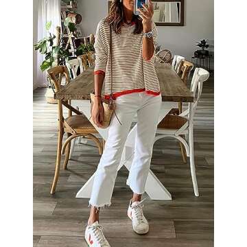 NARURAL Womens Lightweight Cotton Sweaters Long Sleeve Crew Neck Color Block Striped Casual Knitted Pullover Tops,Large