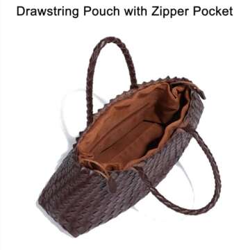 Rejolly Basket Bag for Women Woven Leather Top Handle Tote Handbag Summer Vacation Chic Beach Purse with Drawstring Pouch Coffee