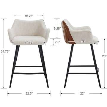 DM Furniture 26" Bar Stools for Kitchen Island Set of 2 Linen Counter Stools with Arms Mid Century M...