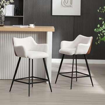 DM Furniture 26" Bar Stools for Kitchen Island Set of 2 Linen Counter Stools with Arms Mid Century Modern Counter Height Barstools w/Faux Leather Decor/Metal Legs for Home Pub/Breakfast Bar, Beige