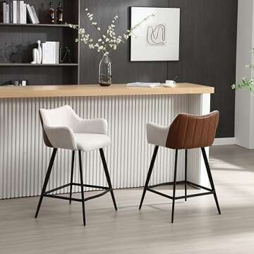 DM Furniture 26" Bar Stools for Kitchen Island Set of 2 Linen Counter Stools with Arms Mid Century Modern Counter Height Barstools w/Faux Leather Decor/Metal Legs for Home Pub/Breakfast Bar, Beige