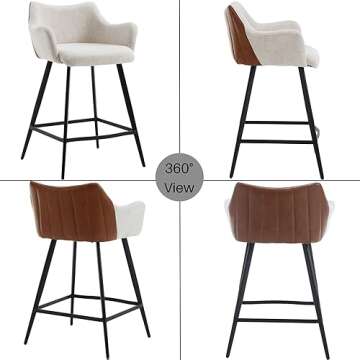 DM Furniture 26" Bar Stools for Kitchen Island Set of 2 Linen Counter Stools with Arms Mid Century Modern Counter Height Barstools w/Faux Leather Decor/Metal Legs for Home Pub/Breakfast Bar, Beige