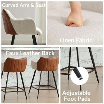 DM Furniture 26" Bar Stools for Kitchen Island Set of 2 Linen Counter Stools with Arms Mid Century Modern Counter Height Barstools w/Faux Leather Decor/Metal Legs for Home Pub/Breakfast Bar, Beige