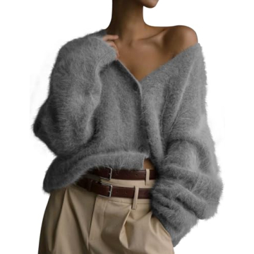 COZYPOIN Womens Fuzzy Mohair Cardigan Open Front Button Down V-Neck Long Sleeve Sweater Slouchy Drop...