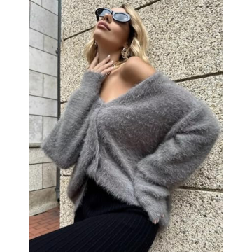 COZYPOIN Women's Fuzzy Mohair Cardigan for Elegant Comfort