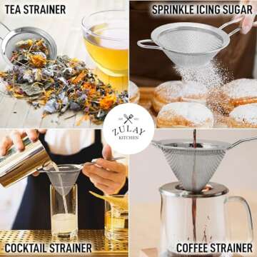 Zulay Kitchen 304 Stainless Steel Fine Mesh Strainer For Kitchen - Sieve Sifters For Food, Tea, Rice, Oil, Noodles, Fruits, Vegetables - Rust-Proof, Easy to Clean Drink Strainer (Silver)
