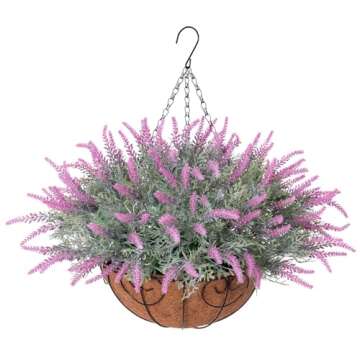 Ivydale Artificial Fake Hanging Flowers Plants Basket for Outdoor Spring Decor, Faux Lavender in Pot Planter Realistic UV Resistant for Home Outside Patio Porch Balcony Yard