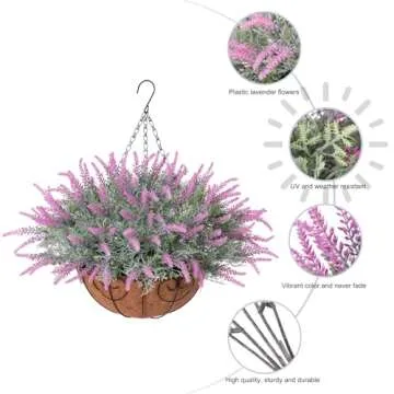 Ivydale Artificial Fake Hanging Flowers Plants Basket for Outdoor Spring Decor, Faux Lavender in Pot Planter Realistic UV Resistant for Home Outside Patio Porch Balcony Yard
