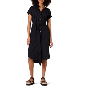 Amazon Essentials Women's Relaxed Fit Short Sleeve Button Front Belted Shirt Dress, Black, Large