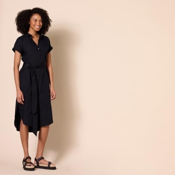 Amazon Essentials Women's Relaxed Fit Short Sleeve Button Front Belted Shirt Dress, Black, Large