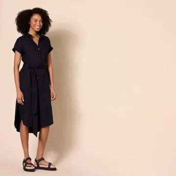 Amazon Essentials Women's Relaxed Fit Short Sleeve Button Front Belted Shirt Dress, Black, Large