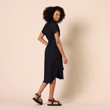 Amazon Essentials Women's Relaxed Fit Short Sleeve Button Front Belted Shirt Dress, Black, Large