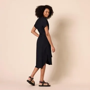 Amazon Essentials Women's Relaxed Fit Short Sleeve Button Front Belted Shirt Dress, Black, Large