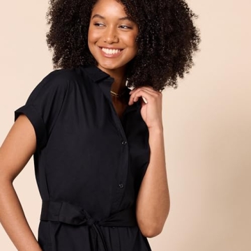 Amazon Essentials Women's Relaxed Fit Short Sleeve Button Front Belted Shirt Dress, Black, Large