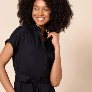 Amazon Essentials Women's Relaxed Fit Short Sleeve Button Front Belted Shirt Dress, Black, Large