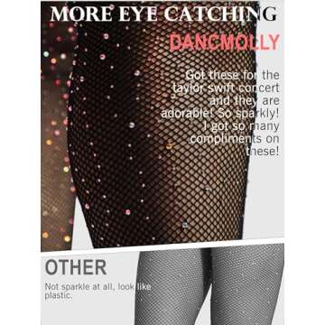 DancMolly Ultra Durable Sparkly Fishnet Stockings High Waist Sparkle Rhinestone Tights Party Concert Outfit for Women 1 Pair (Black - Small Hole, M-XL)