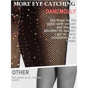 DancMolly Ultra Durable Sparkly Fishnet Stockings High Waist Sparkle Rhinestone Tights Party Concert Outfit for Women 1 Pair (Black - Small Hole, M-XL)