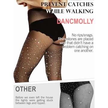 DancMolly Ultra Durable Sparkly Fishnet Stockings High Waist Sparkle Rhinestone Tights Party Concert Outfit for Women 1 Pair (Black - Small Hole, M-XL)