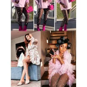 DancMolly Ultra Durable Sparkly Fishnet Stockings High Waist Sparkle Rhinestone Tights Party Concert Outfit for Women 1 Pair (Black - Small Hole, M-XL)