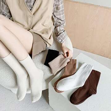 TeenFighter 6 Pairs of Comfortable Casual Athletic Cotton Socks for Women, Aesthetic Solid Color Stretch Socks for Girls and Students