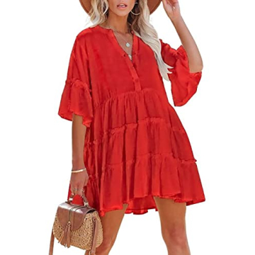 Bsubseach Swim Cover Up for Women Button Down Dress Solid Color Bathing Suit Cover Ups Casual Summer Dresses Red