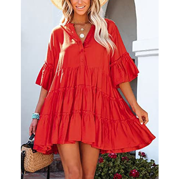 Bsubseach Swim Cover Up for Women Button Down Dress Solid Color Bathing Suit Cover Ups Casual Summer Dresses Red