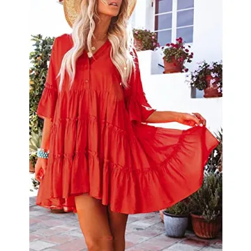 Bsubseach Swim Cover Up for Women Button Down Dress Solid Color Bathing Suit Cover Ups Casual Summer Dresses Red