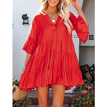 Bsubseach Swim Cover Up for Women Button Down Dress Solid Color Bathing Suit Cover Ups Casual Summer Dresses Red