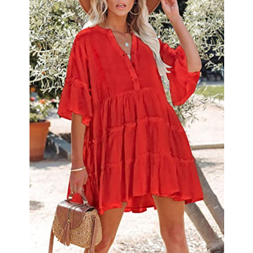 Bsubseach Swim Cover Up for Women Button Down Dress Solid Color Bathing Suit Cover Ups Casual Summer Dresses Red