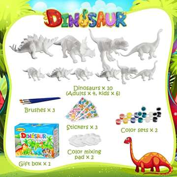 Dinosaur Painting Kit for Kids Ages 3-12 – DIY Dinosaur Crafts, 10 Durable Dinosaur Toys, 2 Paint Sets, Arts & Crafts for Boys & Girls Ages 3-12, Anti-Break Dinosaur Toys/Crafts for Girls and Boys