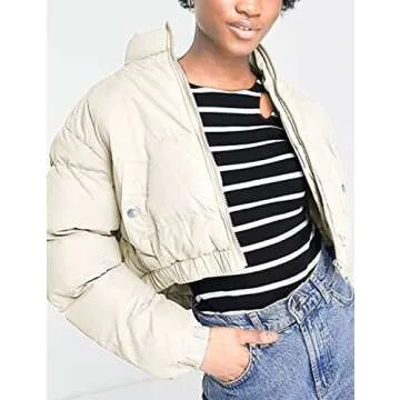 Zhiyouni Women's Stylish Cropped Puffer Jacket in Apricot