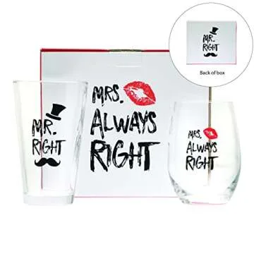 The Plympton Company Funny Wedding Gifts - Mr. Right and Mrs. Always Right Novelty Wine Glass and Beer Glass and Can Coolers Gift Set