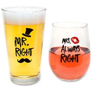 The Plympton Company Funny Wedding Gifts - Mr. Right and Mrs. Always Right Novelty Wine Glass and Beer Glass and Can Coolers Gift Set