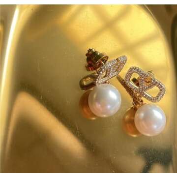 HXUFENGQIN Letter Rhinestone Earrings, Spring and Summer V Letter Rhinestone Pearl Earrings s925 Ladies Silver Needle Flash Diamond Pearl Earrings