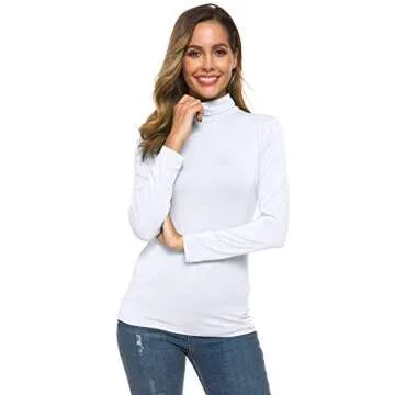White Turtleneck Top for Women Long Sleeve Basic Layer Slim Fit T-Shirt Comfy Lightweight Pullover X-Large