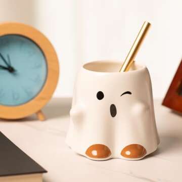 Sngtmug Halloween Ghost Mug, ghost shaped mugs, Halloween Ghost Cute Cup, Halloween Ghost Mug Decorations, Cute Ghost Cup with Lid 14 Ounce