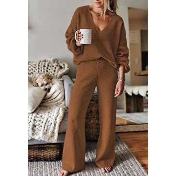 Viottiset Women's 2 Piece Outfits Sweater Set V Neck Knit Pullover Top Oversize Wide Leg Pants Sweatsuit Brown L