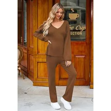 Viottiset Women's 2 Piece Outfits Sweater Set V Neck Knit Pullover Top Oversize Wide Leg Pants Sweatsuit Brown L
