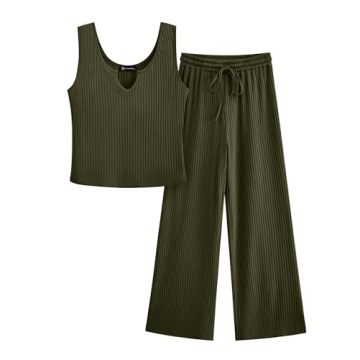 PRETTYGARDEN Women's Summer Casual Two Piece Outfits Sweatsuits Tank Scoop Neck Ribbed Knit Long Pants Tracksuits