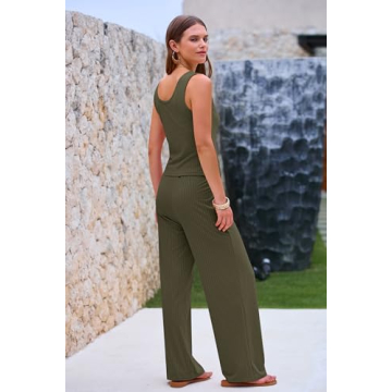 PRETTYGARDEN Women's Summer Casual Two Piece Outfits Sweatsuits Tank Scoop Neck Ribbed Knit Long Pants Tracksuits