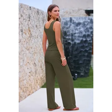 PRETTYGARDEN Women's Summer Casual Two Piece Outfits Sweatsuits Tank Scoop Neck Ribbed Knit Long Pants Tracksuits