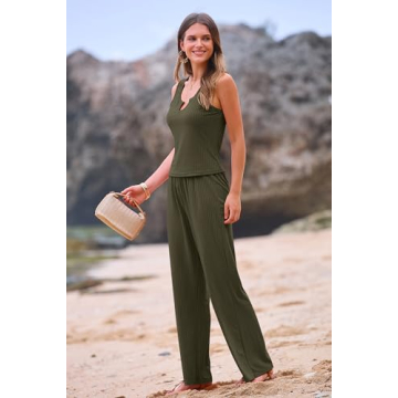 PRETTYGARDEN Women's Summer Casual Two Piece Outfits Sweatsuits Tank Scoop Neck Ribbed Knit Long Pants Tracksuits